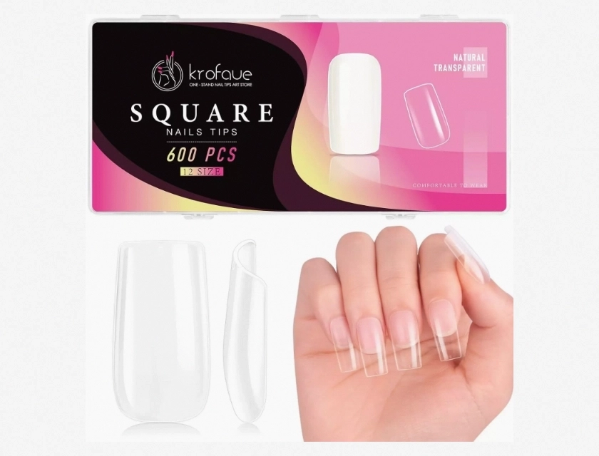Krofaue 600 Piece Square False Nail Tips, Clear Acrylic Full Cover for Nail Art
