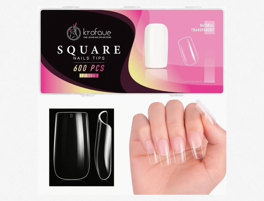 600 Pcs Square Nail Tips – Clear Acrylic False Fingernails, Full Cover Artificial Nails for Salon and DIY