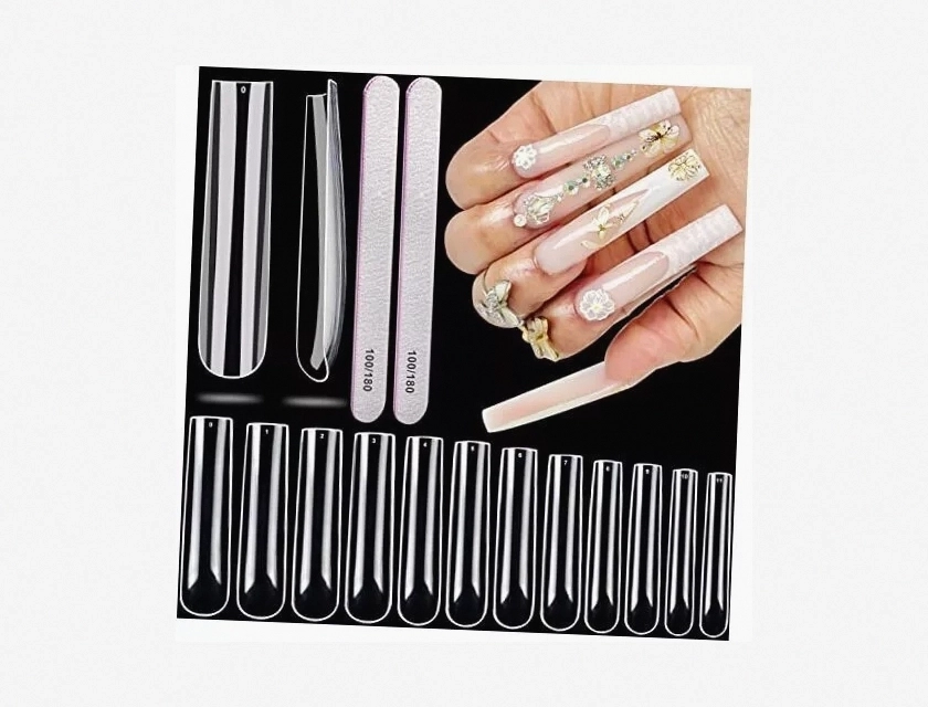 504 Pieces No C Curve Square Nail Tips, 3XL Extra Long Clear Long Square False Nails for Acrylic Gel Art