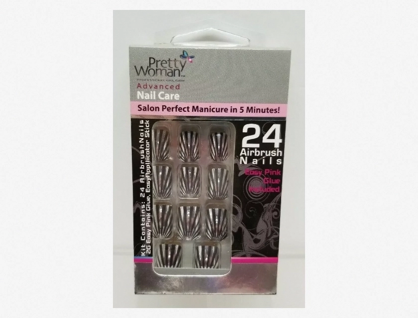 Pretty Woman Advanced Nail Care Airbrush Nails Black/Silver 24 Count