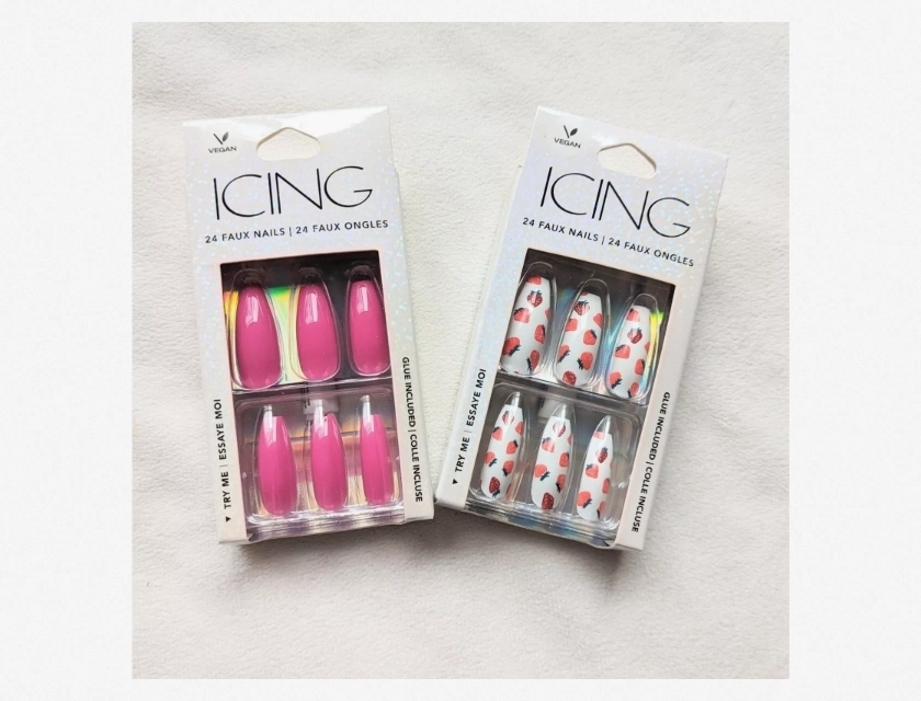 Bundle Icing Faux Nail Sets Pink White Strawberry with Glue 2 Boxes 24 Packs