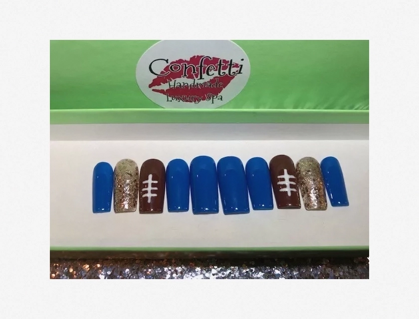 Blue Sparkle Brown Red Football Press On Nails Handmade Hand Painted