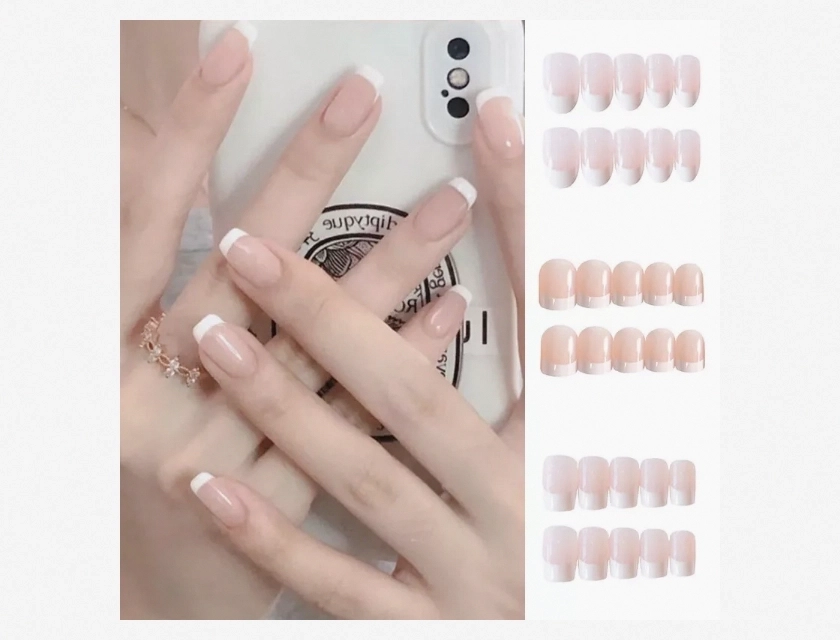 24 Pcs French Line Press On False Nail Tips, Detachable Manicure Decor Fingernails