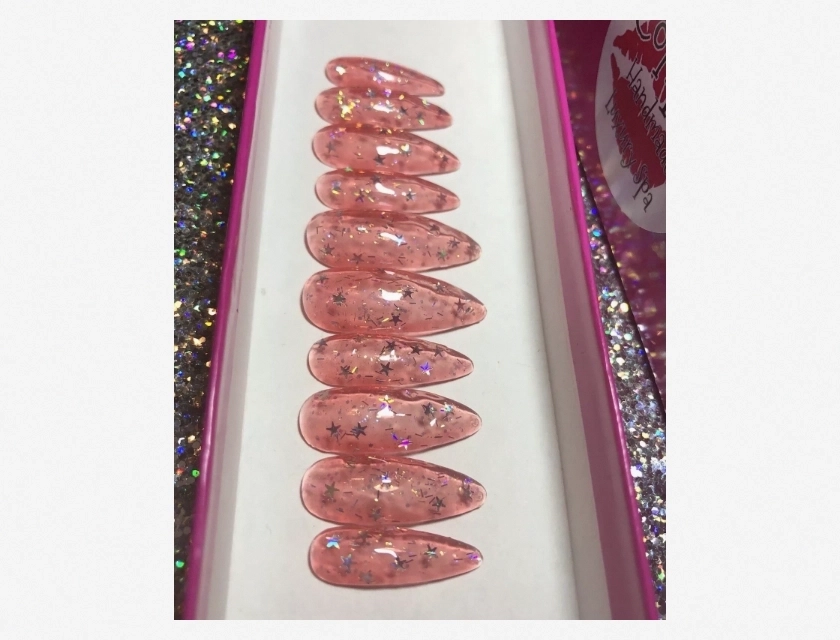 Pink Jelly Star Sparkle Press On Nails, Glitter Fake Nails with Star Design, Reusable Acrylic Nails for Women and Girls, Long Lasting Stick On Nails for DIY Nail Art