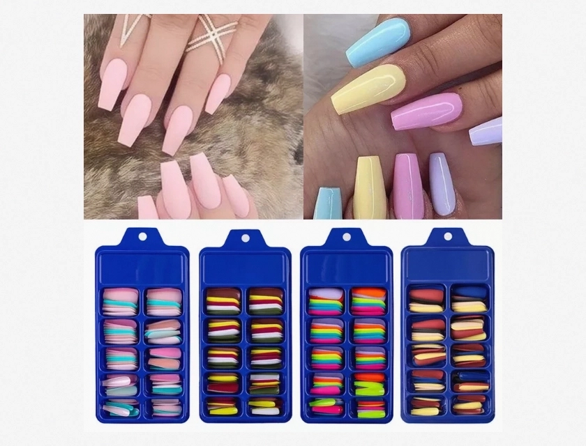 Long T Coffin Nail Extension False Nails Matte Acrylic Mix Color 100Pcs