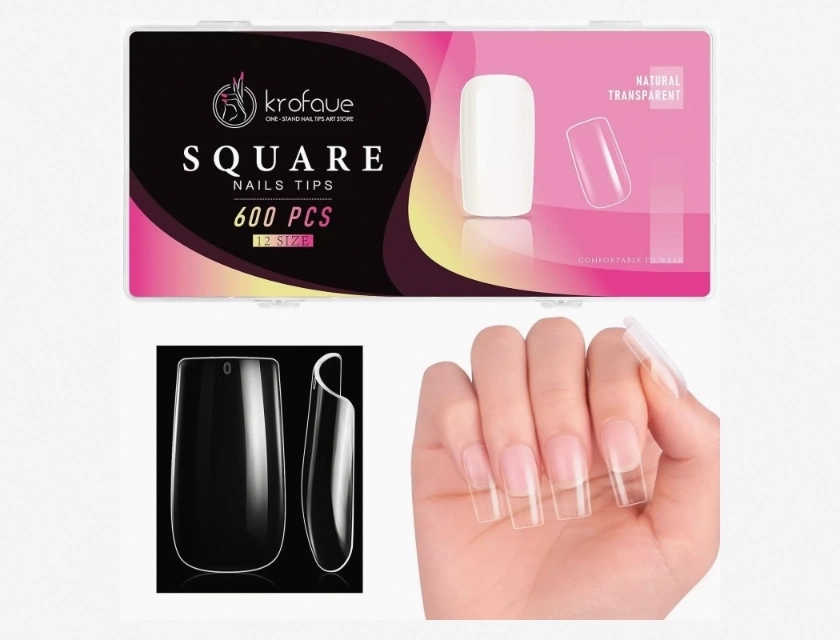 Krofaue 600 Pieces Square Clear False Acrylic Nails Tips