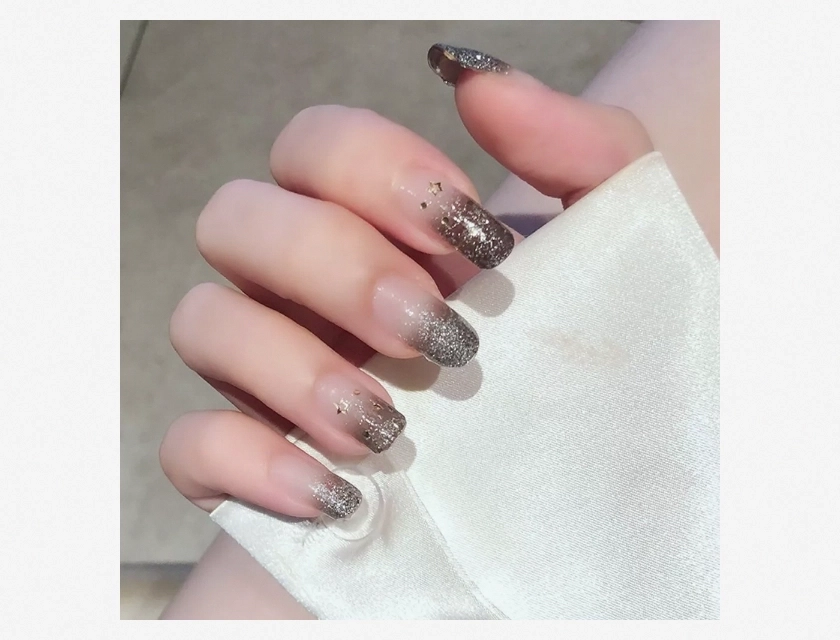 Sweet Pink Glitter Nude Press on Nails 22 Tips Fake Nails Stickers Patches