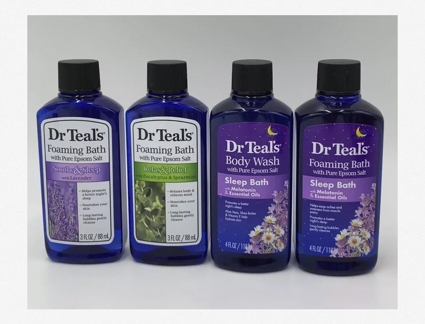 Dr Teal’s Foaming Bath and Body Wash, Soothe Relax Sleep, Travel Bottles 3 oz and 4 oz