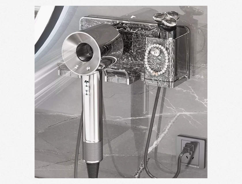 Glacier Pattern Plastic Hair Dryer Rack, Wall Mounted Holder for Bathroom Storage, Space Saving Organizer for Hair Tools