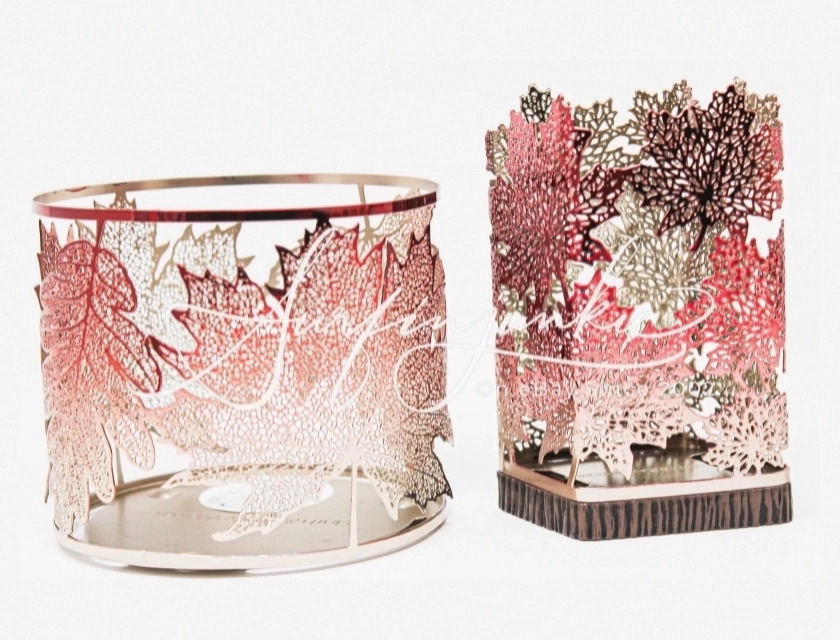 Bath & Body Works Soap and Candle Holder Set, Red and Gold Etched Maple Leaf Design, 2 Pieces
