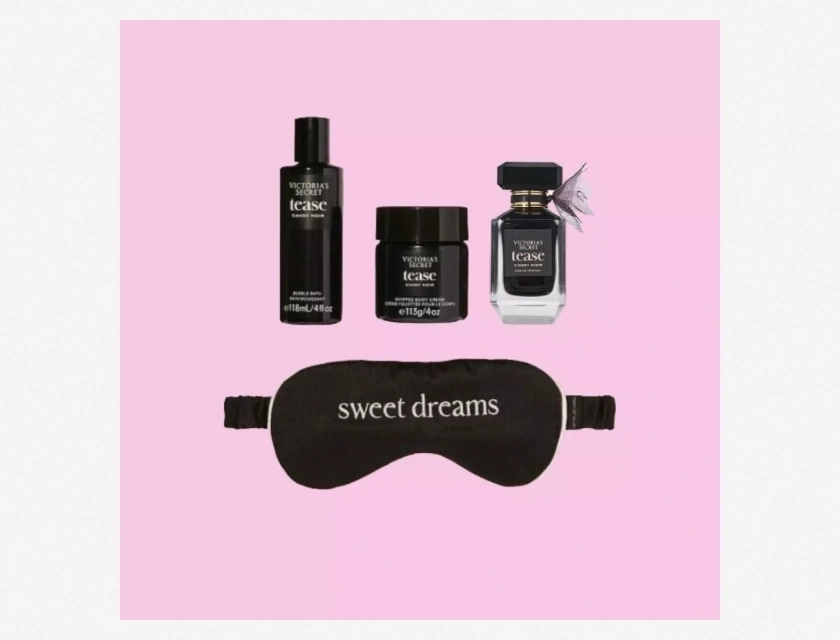 Victoria’s Secret Tease Candy Noir Parfum 1.7 oz Gift Set with Cream, Eye Mask, and Wash