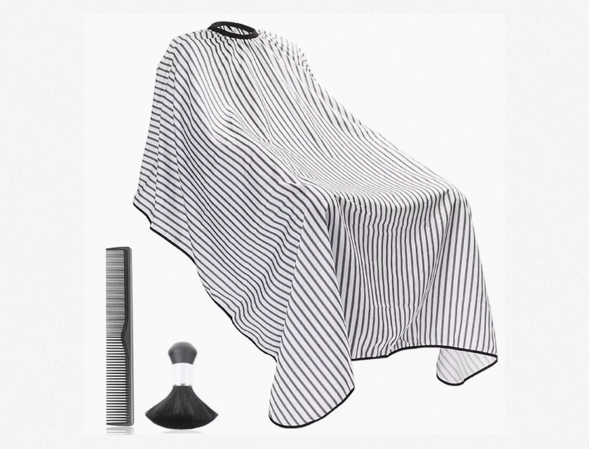 3-Piece Black and White Striped Hair Cutting Cape Set, Adjustable Neckline, Waterproof