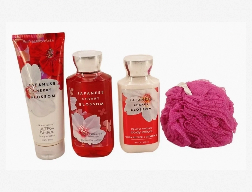 Japanese Cherry Blossom Shower Gel, Lotion, and Body Cream with Loofah Set