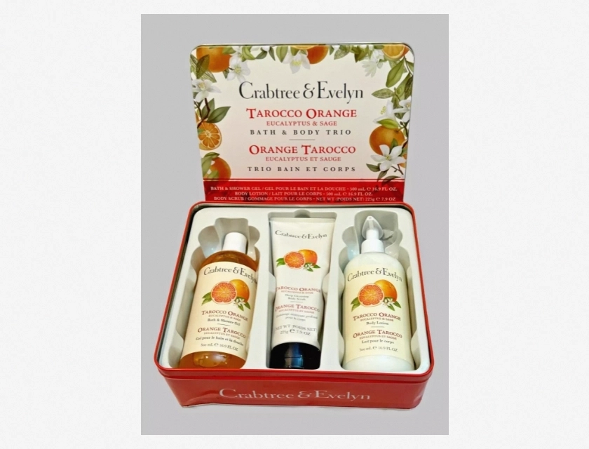 Crabtree & Evelyn Tarocco Orange Bath Accessories Set with Eucalyptus & Sage in Tin, Trio