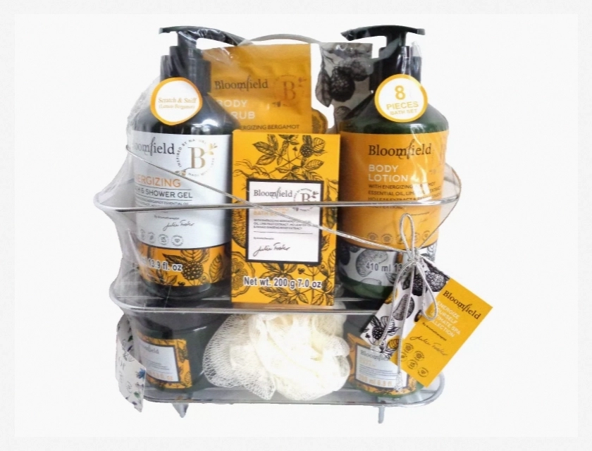 Bloomfield Spacollection 8-Piece Bath and Body Gift Set – Lemon Bergamot Scent in Wire Basket