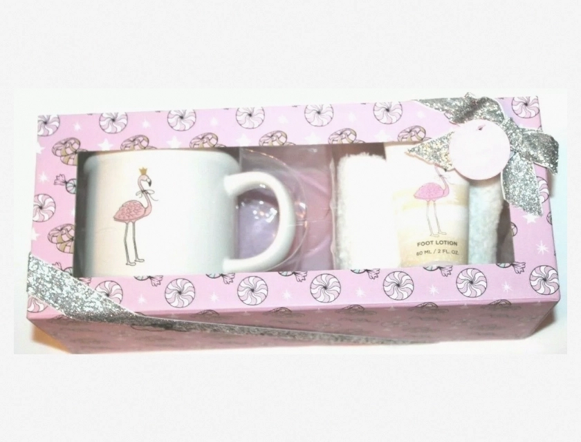 Upper Canada Soap Foot Lotion, Pink Flamingo White Mug, and Plush Socks Gift Set