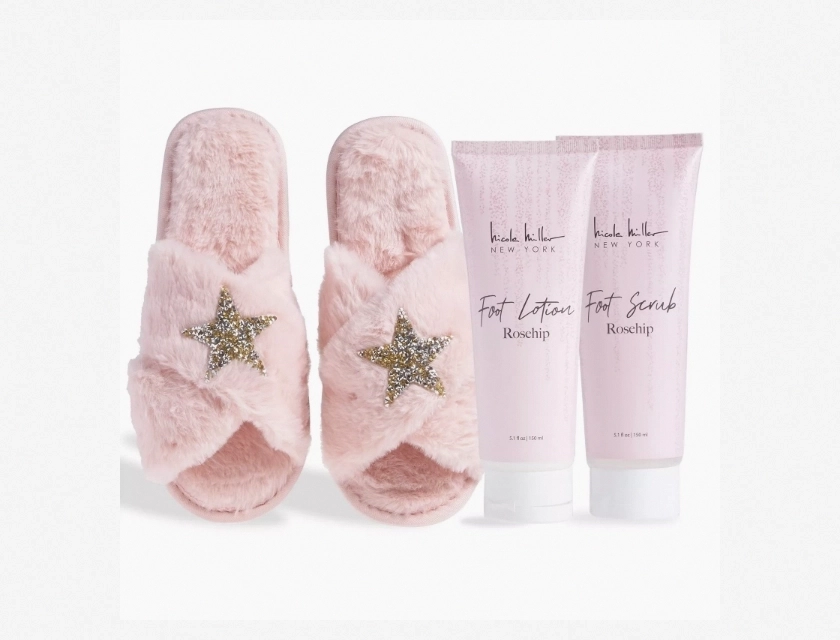 Nicole Miller Bath and Body Works Gift Set with Slippers, Foot Scrub, and Lotion – Rosehip Scent