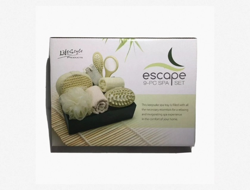 Lifestyle Products Escape Spa Set 9 Piece Mirror Towel Brush Sponge Loofah Pouf
