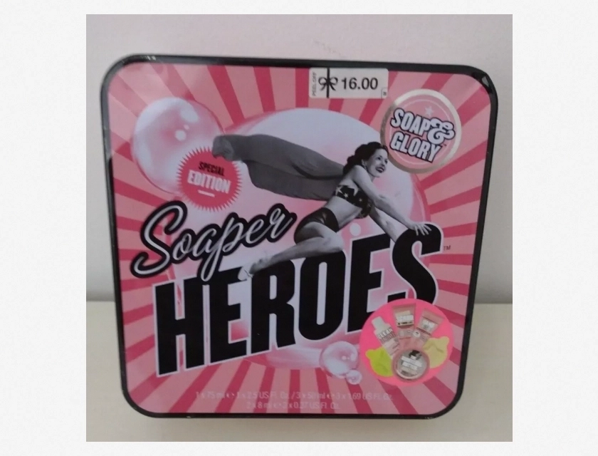 Soap & Glory Tin Gift Set with Shower Gel, Body Buffer, Body Butter, and Hand Cream in Bent Tin