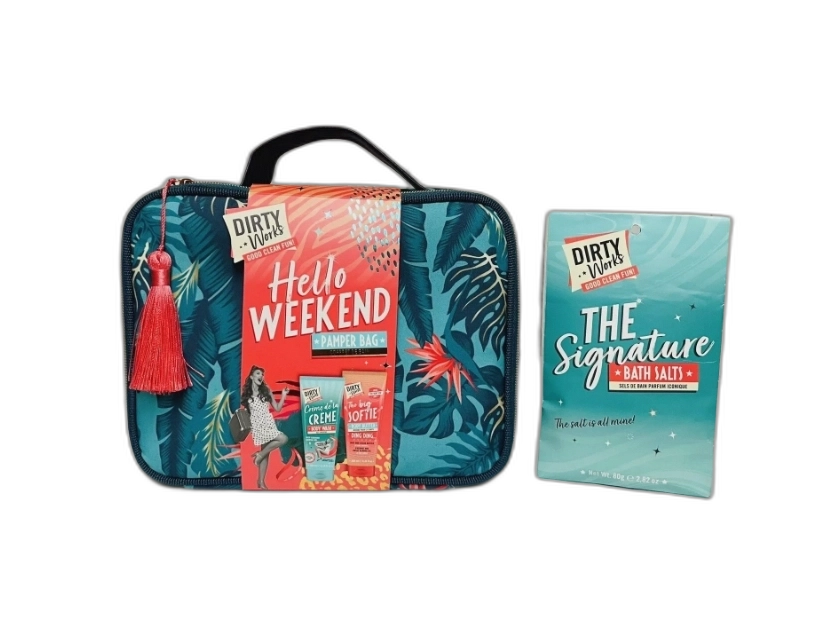 Dirty Works Hello Weekend Pamper Bag Set with Body Wash, Body Butter, Puff, and Bath Salts