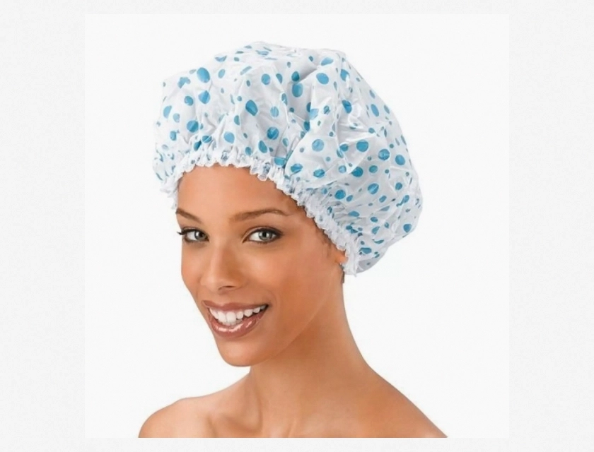 Extra Large Shower Cap for Women – Blue Dot Pattern, Vinyl, Elastic Band – Reusable Waterproof Hair Cap