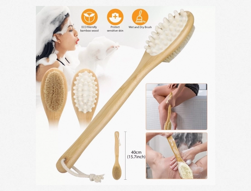 15.7-Inch Long Handle Bath Brush, Double Sided Back and Body Shower Scrubber for Deep Cleaning