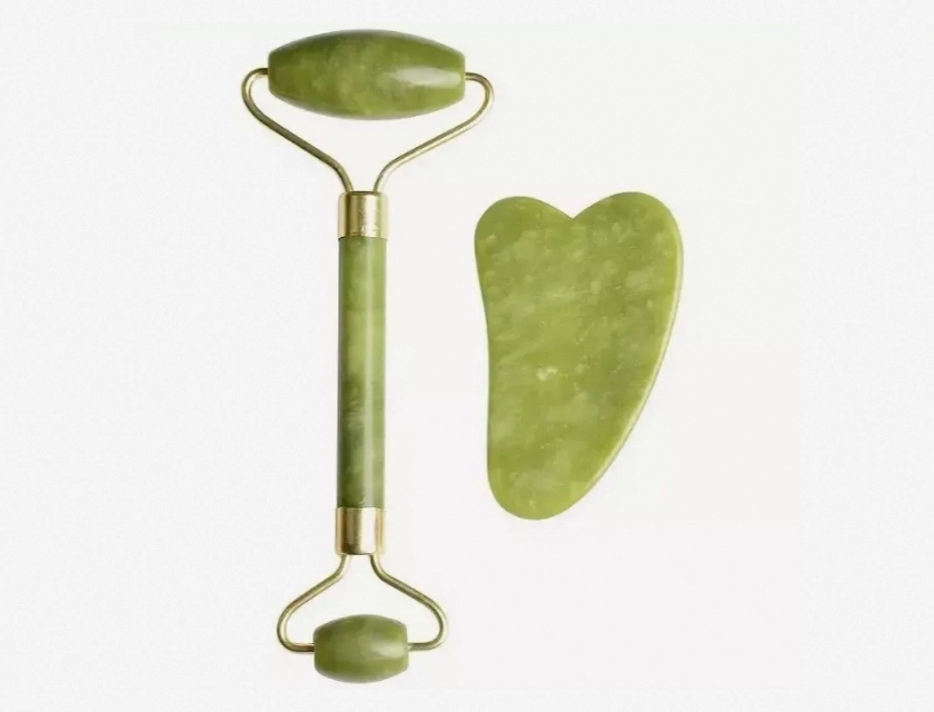 Jade Roller and Gua Sha Set 2 Piece Natural Stone Facial Massager for Skin Care