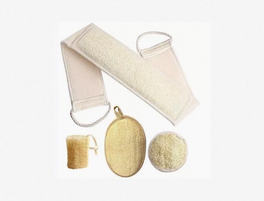 Natural Loofah Back Scrubber and Sponge Pad Set for Shower, Exfoliating Body Scrubber with Long Handle, Eco-Friendly Bath Accessories