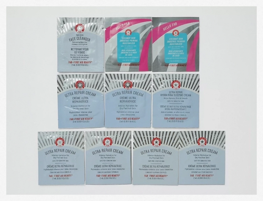 First Aid Beauty Skin Care Samples – 10 Piece Set with Cleanser, Moisturizer, and Ultra Repair Cream