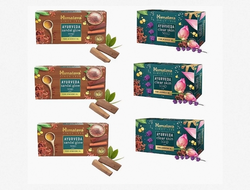 Himalaya Ayurveda Sandal Glow and Clear Skin Soap Combo Pack, 6 Bars, 75g Each