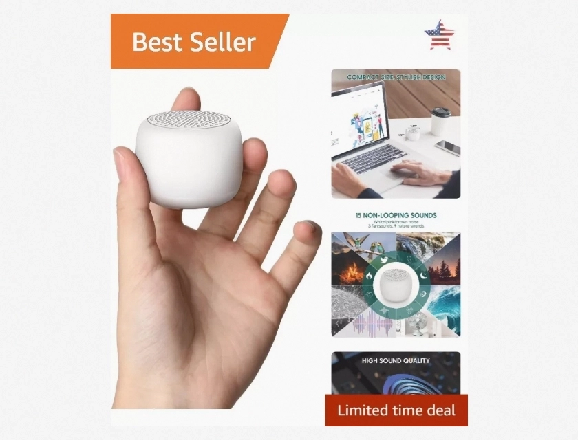 Portable White Noise Machine with 15 Non-Looping Sounds and Timer for Sleeping, Travel, and Relaxation