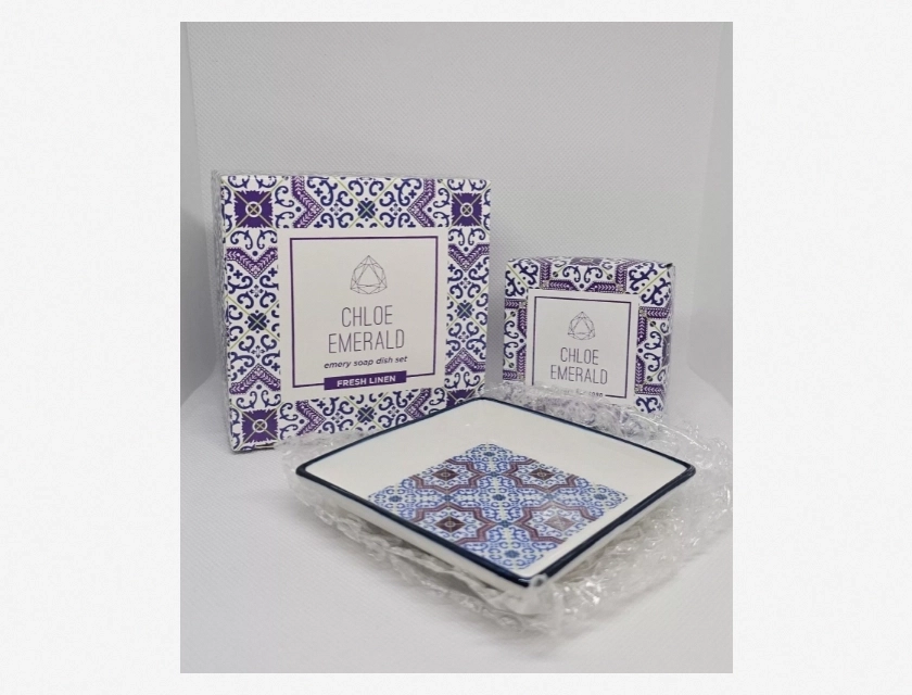 Chloe Emerald Emery Soap Dish Set with Fresh Linen Scent, Travel Size