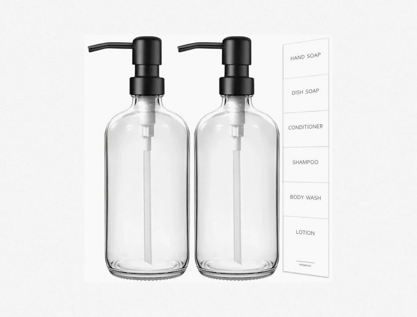 Gmisun 2 Pack Thick Clear Glass Soap Dispenser with Matte Black Stainless Steel Pump