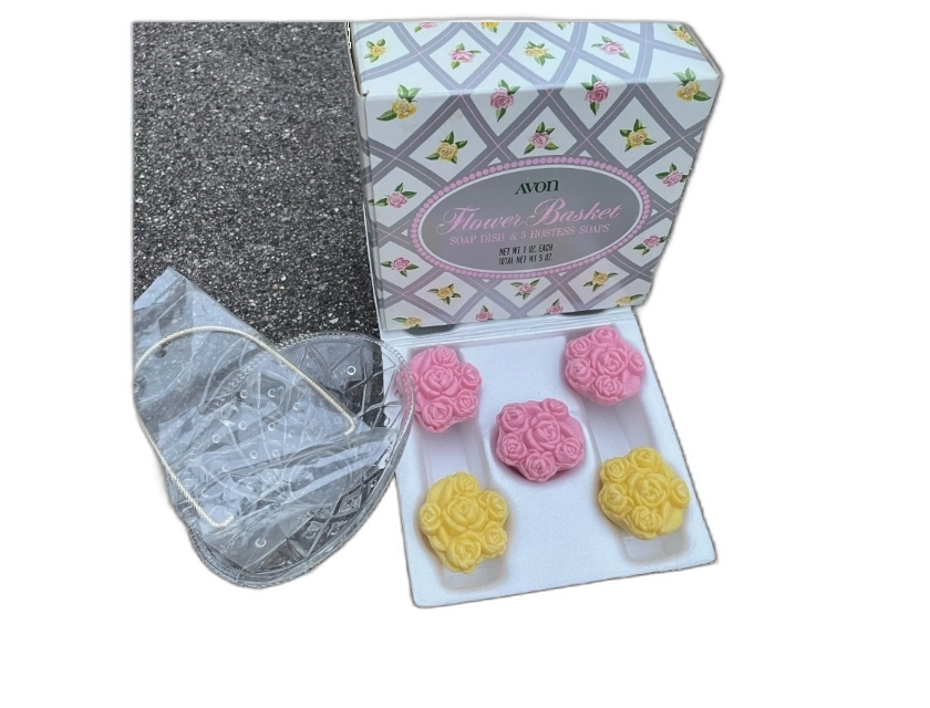 Avon Flower Basket Soap Dish with 5 Hostess Soaps, 1 oz Each, 5 oz Total