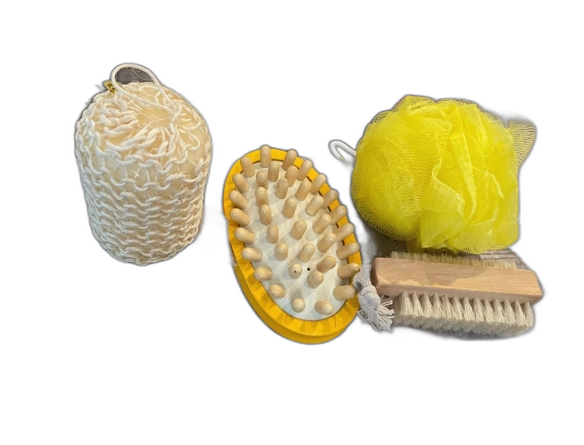 Mini Spa Set 4-Piece with Nailbrush, Bath Sponge, Exfoliating Sponge, and Massager