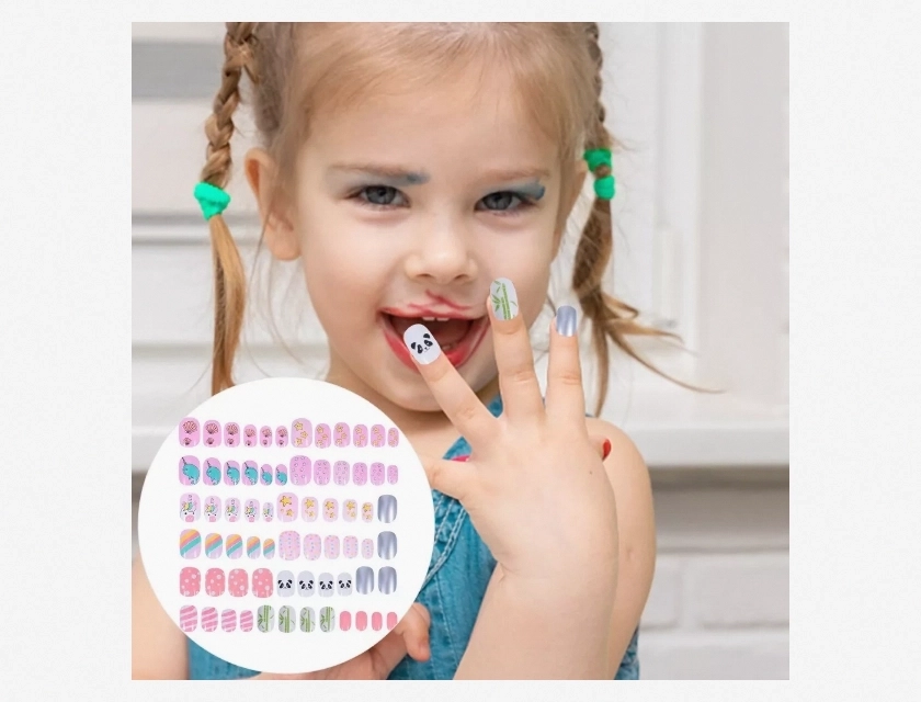 72 Pcs Girls False Nail Tips, Kids Manicure Stickers, Party Favor