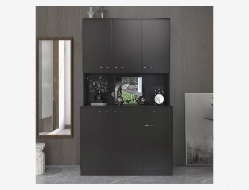 70.87 Inch Tall 6 Door Wardrobe with Shelf and Drawer, Black Kitchen Cabinet