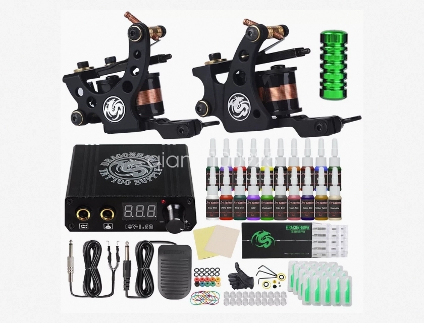 Beginner Tattoo Kit with Ink, Power Supply, 2 Machines, Needles, and Tips