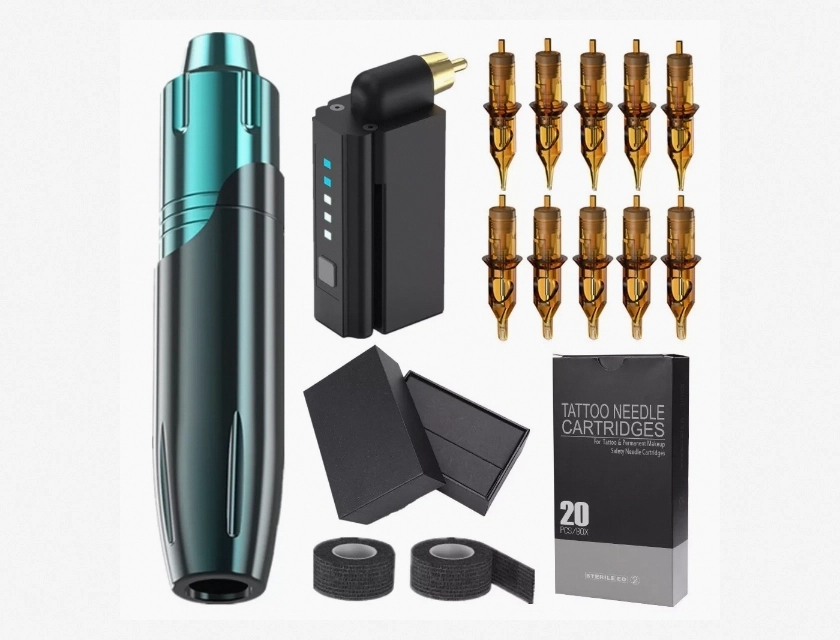 Tattoo Kit with Motor Pen Machine, Power Supply, Cartridge Needles, and Bandages