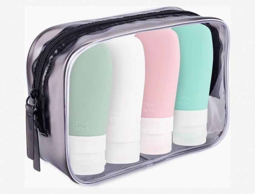 Portable Travel Bottles 2 oz 4-Pack Leakproof TSA Approved Refillable Silicone Toiletries Set for Shampoo Conditioner Lotion
