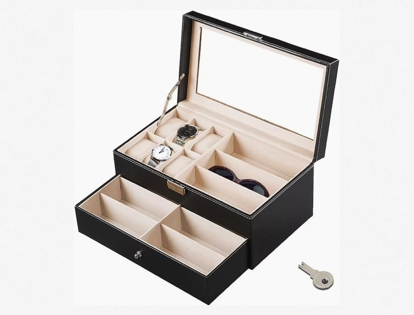 PU Leather Glasses and Watch Storage Case, 12 Grid 2 Tier Organizer for Sunglasses, Eyewear, and Watches