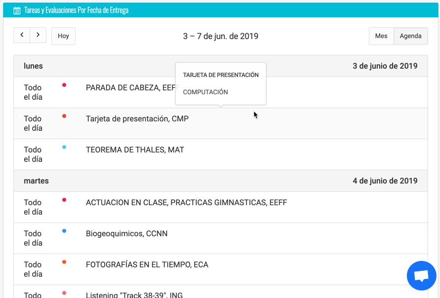 vista modo agenda del calendario