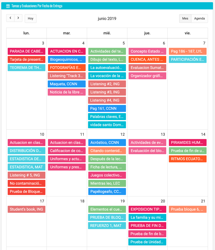 agenda en vista de calendario con evaluaciones