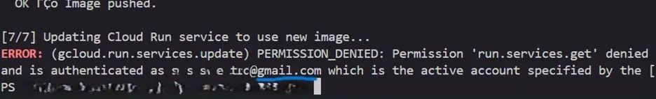 Deployment error showing authentication with the wrong Google Cloud account