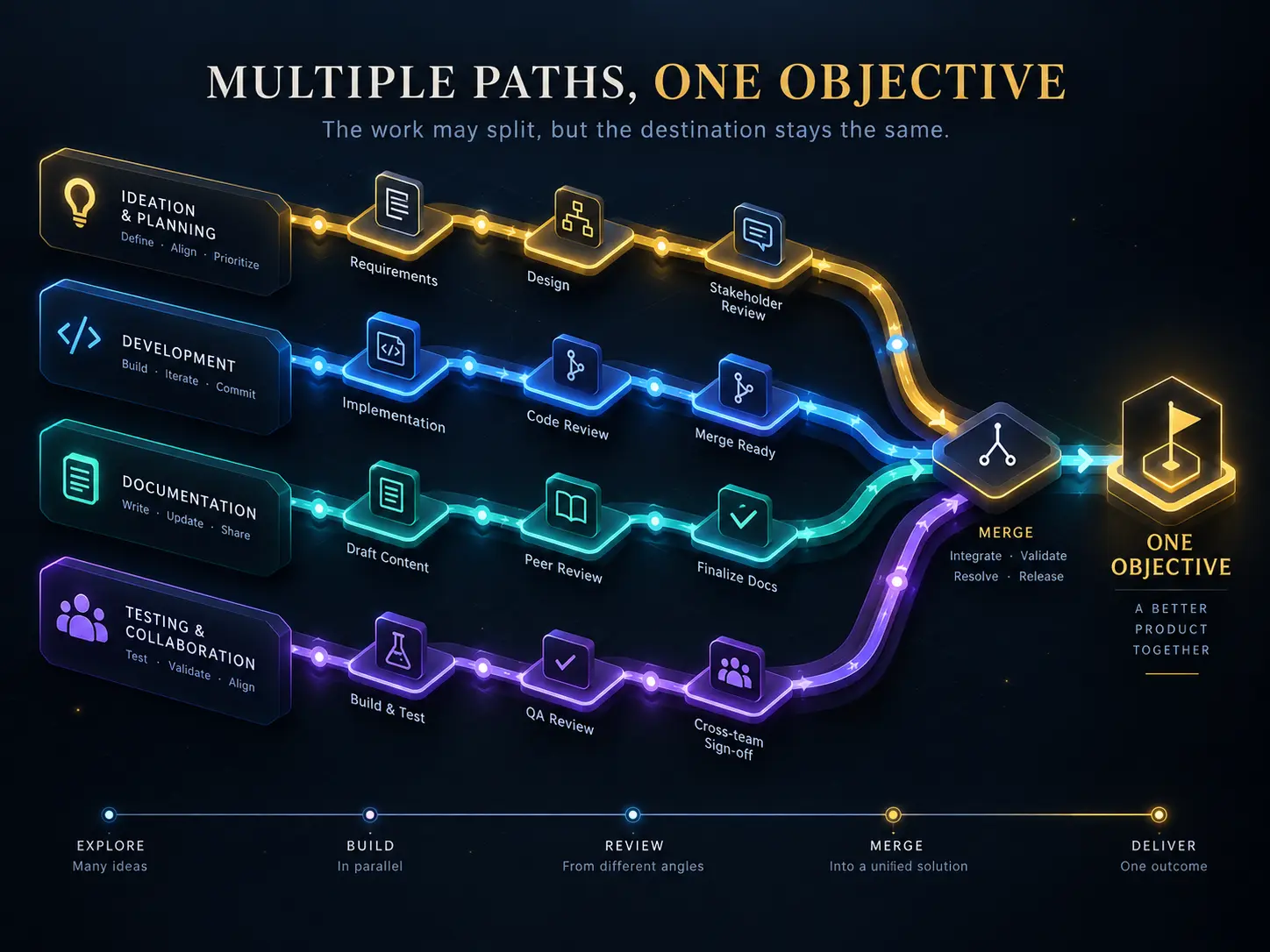 Four parallel work streams for planning, development, documentation and testing, each moving through its own reviews before merging into one objective