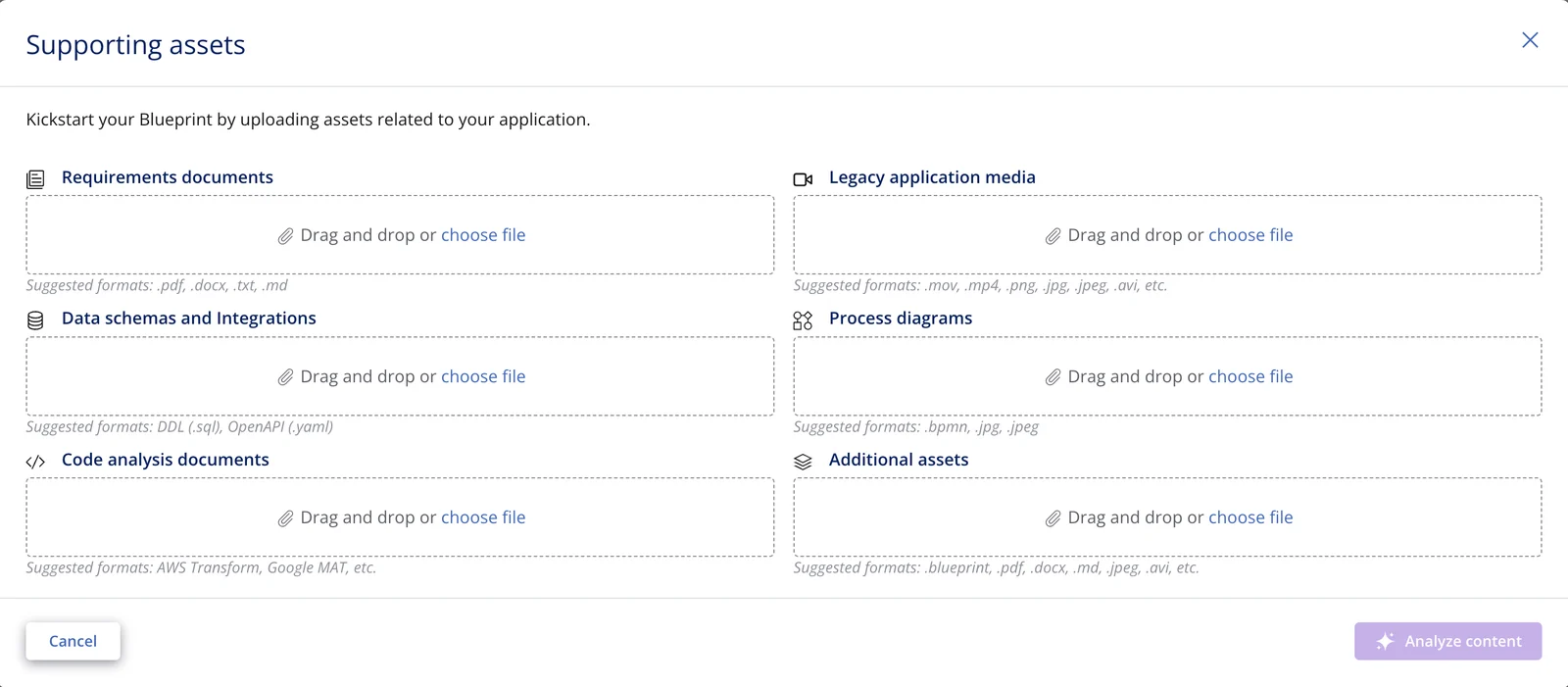 Pega Blueprint supporting assets upload dialog