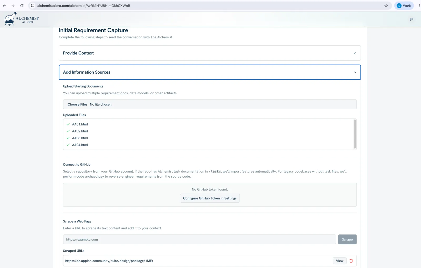 Alchemist AI Pro Initial Requirement Capture screen with the scraped package URL listed