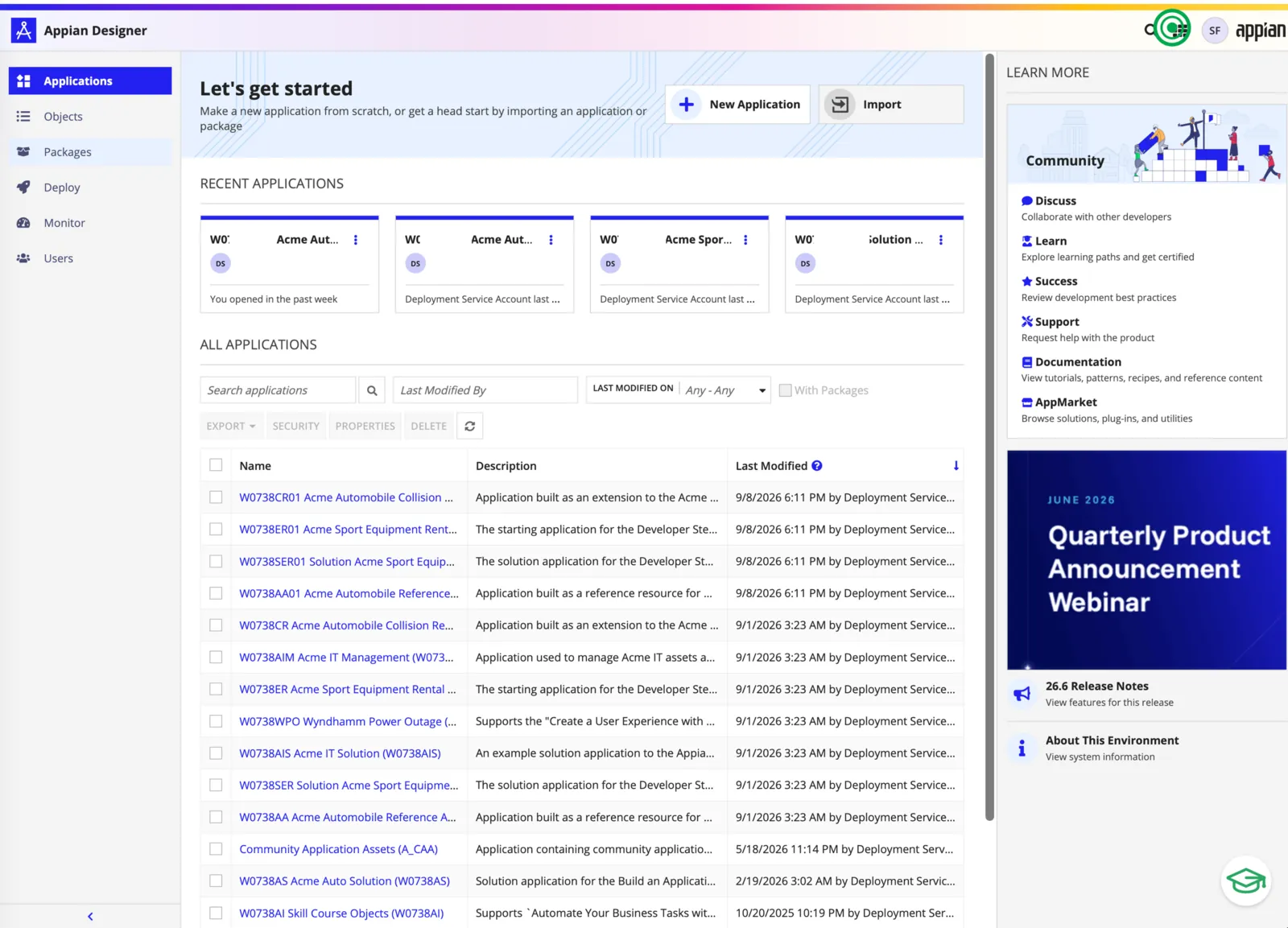 Appian Designer listing the applications available in the workspace