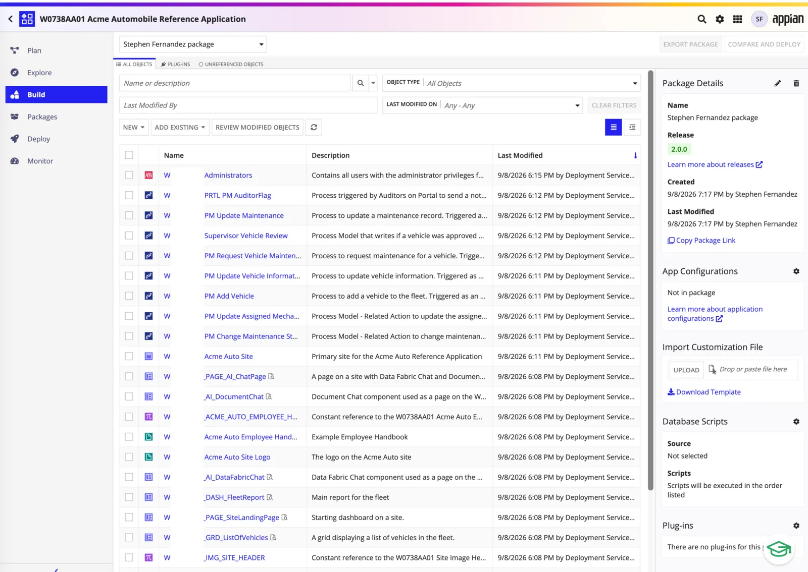 Appian package contents listing process models, pages, constants and other objects