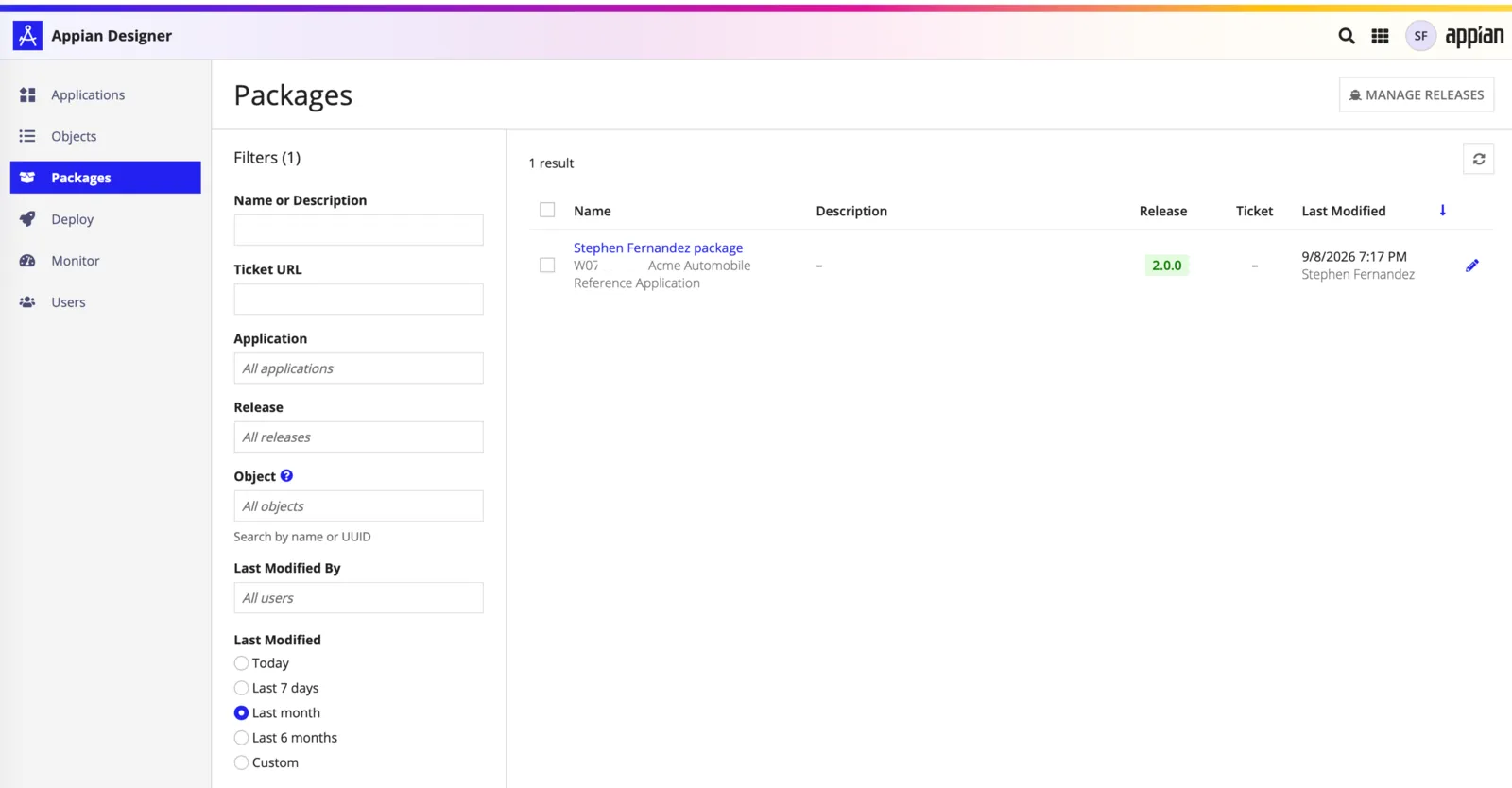 Appian Designer Packages page showing one created package
